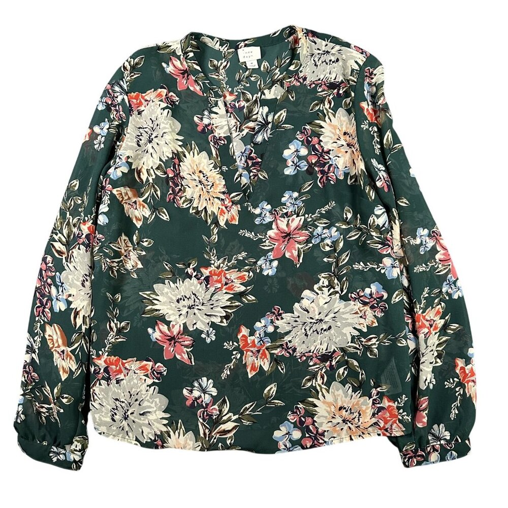 A New Day Blouse Womens Medium Green Floral Long Sleeve Pullover Lightweight Top